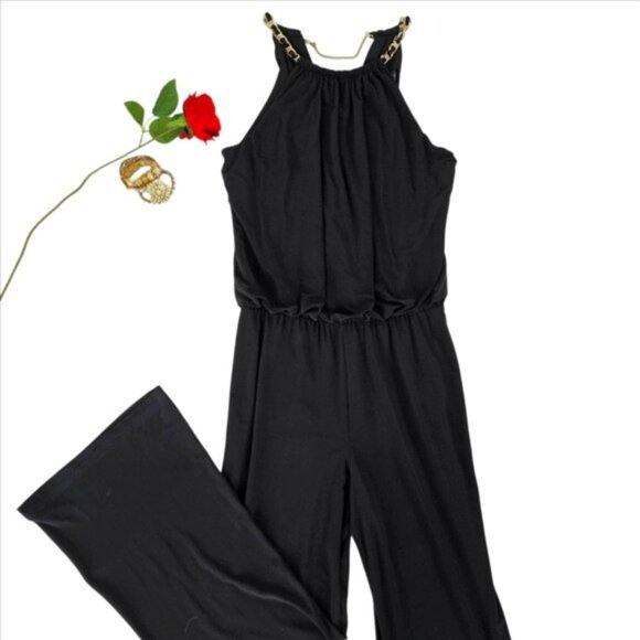 Laundry Women's Elegant Black Jumpsuit Size 10 Gold Chain Holiday Party Wide Leg - Picture 2 of 15